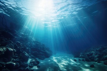 Fototapeta na wymiar A mesmerizing view of the deep blue ocean illuminated by sunlight streaming through the water, Underwater sea, deep water abyss with blue sunlight, AI Generated