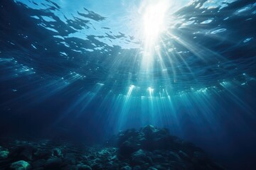 Fototapeta na wymiar Experience the captivating beauty of the sun shining through the water over a vibrant reef, Underwater sea, deep water abyss with blue sunlight, AI Generated