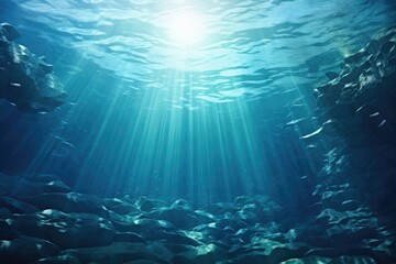 A vast number of fish swim together in a mesmerizing display of movement and unity under the clear blue water, Underwater sea, deep water abyss with blue sunlight, AI Generated