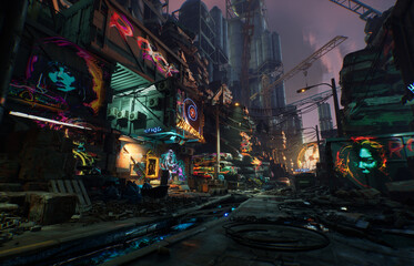 A 3d rendered illustration of cyber-punk junk yard with neon lights and graffities 