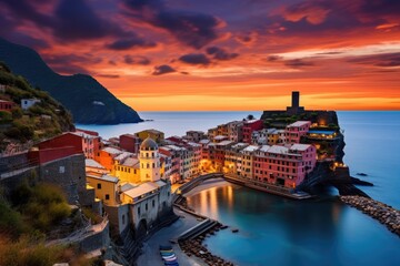 A breathtaking sunset paints the sky with vibrant hues, illuminating a quaint coastal town in a...