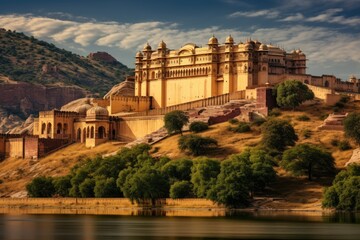 An elegant castle graces the peak of a hill in the presence of a tranquil body of water, View of Amber Fort in Jaipur, India, AI Generated - obrazy, fototapety, plakaty
