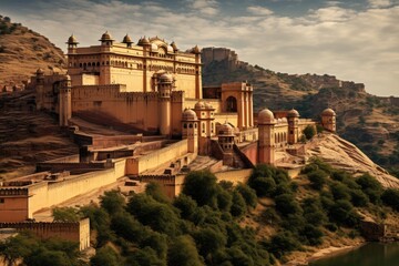Fototapeta na wymiar A stunning image of a grand castle situated atop a hill, providing a captivating view of the surrounding body of water, View of Amber Fort in Jaipur, India, AI Generated