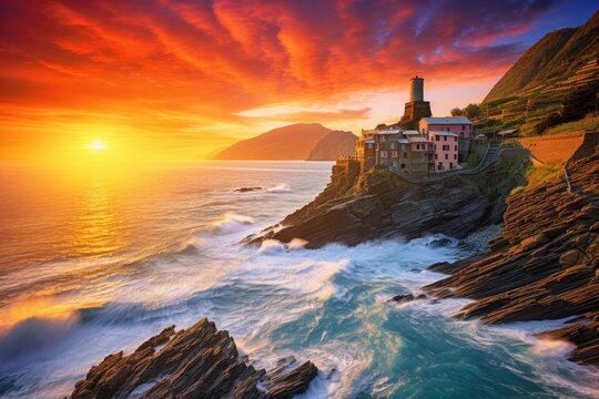 Majestic Lighthouse Perched on Ocean Cliff, Vernazza village and stunning sunrise, Cinque Terre, Italy, Europe, AI Generated