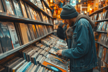 A record store owner playing classic vinyl albums, surrounded by an extensive collection from past...