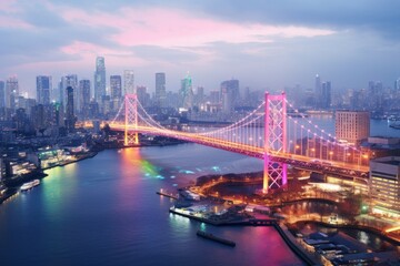 Fototapeta na wymiar A gigantic bridge gracefully stretches over a colossal expanse of water, View of Tokyo Bay, Rainbow Bridge, and Tokyo Tower landmark, AI Generated