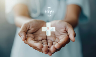 Health insurance and medical welfare concept. people hands holding plus symbol and healthcare medical icon. - obrazy, fototapety, plakaty