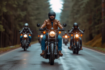 A group of bikers on a road trip with vintage motorcycles, celebrating the history and culture of motorcycling. Concept of travel and exploration with a retro spirit. Generative Ai.