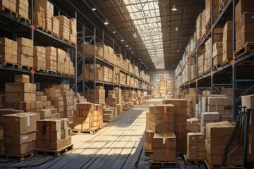 An extensive warehouse space with an abundance of boxes, serving as storage and distribution for various goods, Warehouse, AI Generated