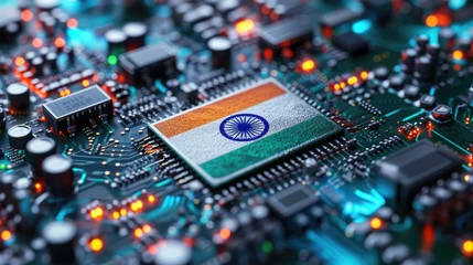 Fotobehang India flag print screen on Microchip processor on electronic board for important component in computer smartphone © kiatipol