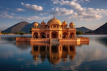 Fototapeta premium A grand and expansive building beautifully situated on the calm and picturesque waters of a tranquil lake, Water Palace Jal Mahal, Man Sagar Lake, Jaipur, Rajasthan, India, Asia, AI Generated