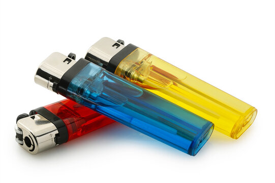 three colorful lighters isolated on white
