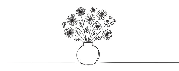 vase with flowers in one line. continuous drawing of a vase with a bouquet of flowers