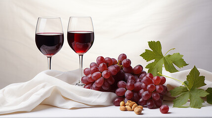 - 2 bunches of red grapes with two glasses of wine, white salvo, generative AI