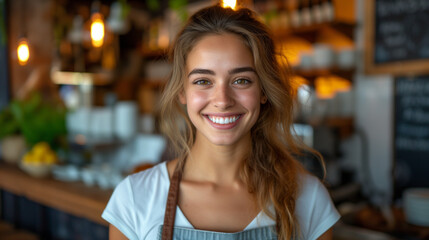 Warm and Welcoming Café Waitress Offering an Unforgettable Service Experience.