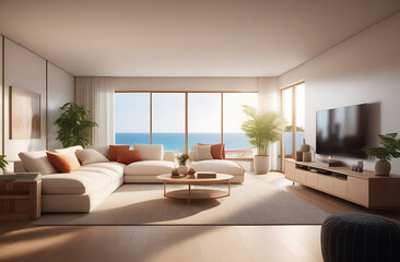 Naklejka na ściany i meble Classic luxury room interior in white and beige shades. Bed, large window