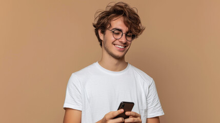 young man with curly hair wearing glasses and a white T-shirt, smiling while looking at his smartphone