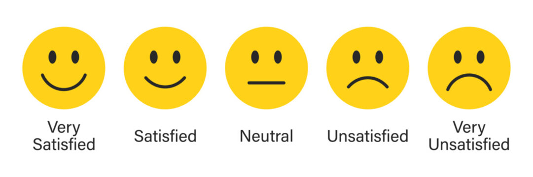 Rating emojis set in yellow color. Feedback emoticons collection. Very satisfied, satisfied, neutral, very unsatisfied emojis. Flat icon set of rating and feedback emojis icons in yellow color.