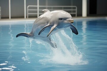 Obraz premium A dolphin gracefully leaps out of the water, showcasing its acrobatic talent, in a pool, White dolphin in the pool, AI Generated