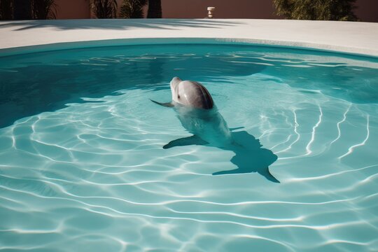 A stunning image of a dolphin gracefully swimming through a crystal clear pool of water, White dolphin in the pool, AI Generated