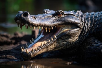 Crocodile with open mouth and teeth in the water, Show a close-up of a Black Caiman profile with an open mouth against a defocused background at the water's edge, AI Generated