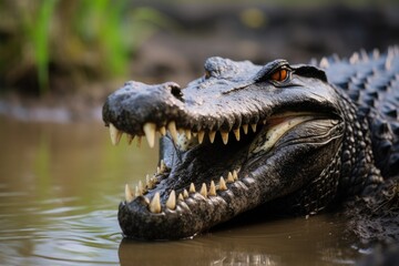 Obraz premium Close up of a crocodile in the rainforest of Belize, Show a close-up of a Black Caiman profile with an open mouth against a defocused background at the water's edge, AI Generated