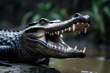 Obraz premium Crocodile with open mouth in water, Pantanal, Brazil, Show a close-up of a Black Caiman profile with an open mouth against a defocused background at the water's edge, AI Generated