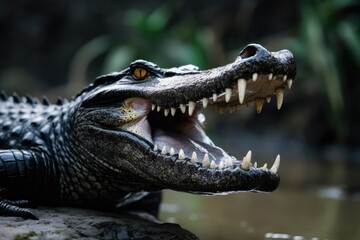 Crocodile with open mouth in water, Pantanal, Brazil, Show a close-up of a Black Caiman profile with an open mouth against a defocused background at the water's edge, AI Generated