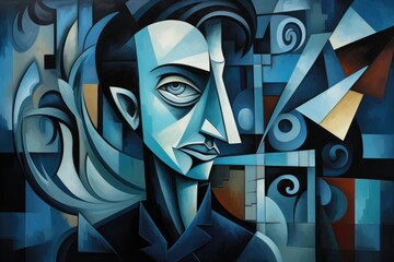 Digital Illustration of a Futuristic Face with Geometric Shapes, Somber man depicted in a style reminiscent of cubism and futurism, Cubism art, AI Generated