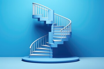 Spiral staircase in blue interior. 3d render illustration, Spiral stair with a pedestal, winner podium on a blue background in a 3D render, AI Generated
