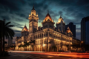 The Central Post Office building at night in Bangkok, Thailand, Sultan Abdul Samad Building in Kuala Lumpur, AI Generated - obrazy, fototapety, plakaty