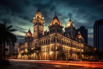 Kussenhoes The Central Post Office building at night in Bangkok, Thailand, Sultan Abdul Samad Building in Kuala Lumpur, AI Generated © Ifti Digital