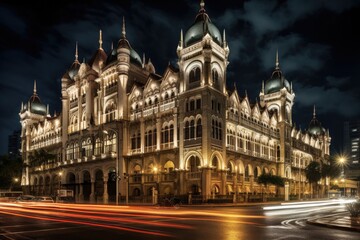 Fototapeta premium Historic building at night in Kuala Lumpur, Malaysia. The building was built in, Sultan Abdul Samad Building in Kuala Lumpur, AI Generated