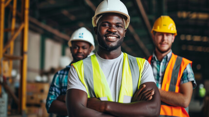 group of cheerful construction workers in safety gear
