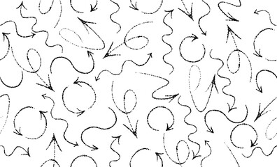 Vector seamless pattern with hand drawn black arrows on white background. Abstract different brush arrows. Collection of chaotic doodle elements for design, Brownian motion concept, textile print.