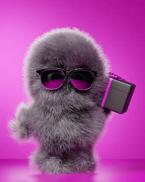 Cute fluffy yeti is dancing with a gift box. 3D animation of a hairy character on a red background
