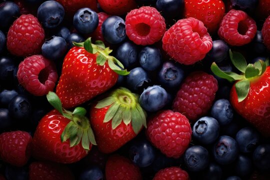 Background of fresh berries. Berries background. Berries background, Strawberries and blueberries HD 8K wallpaper stock photographic image, AI Generated
