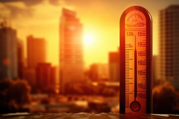 Thermometer in Front of City Skyline, Measuring Urban Temperature, Thermometer with high temperature in the city with a glowing sun background, AI Generated