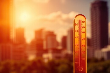 Thermometer in Front of City Skyline, Temperature Measurement in Urban Environment, Thermometer with high temperature in the city with a glowing sun background, AI Generated