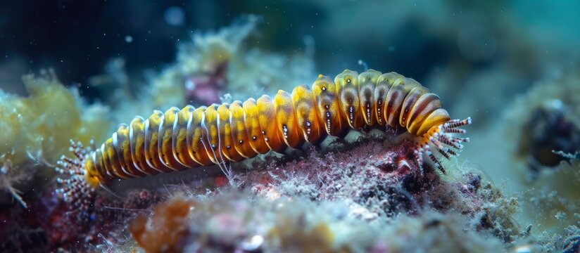 Underwater image of a rare banded bootlace sea worm (Notospermus geniculatus) in the Mediterranean.