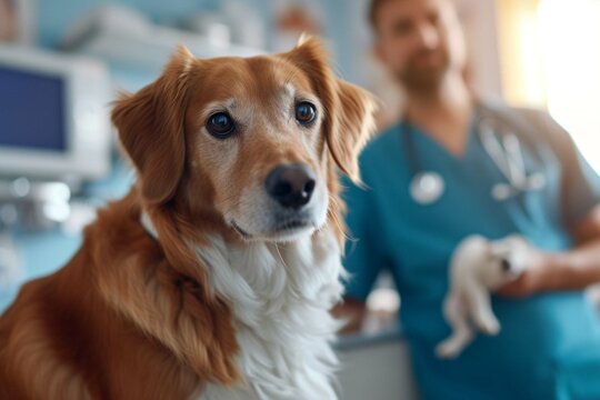 Generative AI image of adorable dog looking at camera while sitting with crop male carrying veterinarian device in hand against blurred background