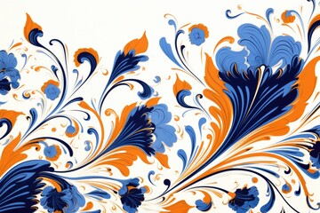 A vibrant painting featuring blue and orange flowers against a crisp white backdrop, Turkey floral pattern with an abstract art graphic line flower, AI Generated