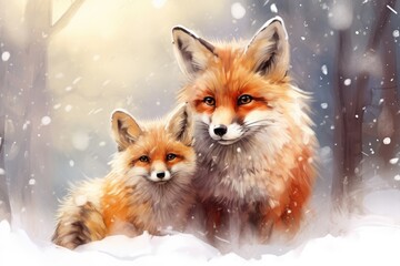Obraz premium A beautiful and captivating painting showcasing two foxes in a serene snowy environment, Two small cute foxes in the snow, an illustration of animals in the snow, AI Generated
