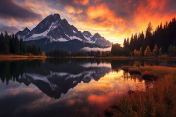 Fototapeta na wymiar Mountain Reflected in Lake at Sunset, Majestic Natural Scene, View from Picture Lake of Mount Shuksan while the sunrise breaks through an incoming storm during the fall season, AI Generated