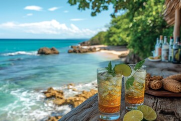 Refreshing cocktails in a beach bar with incredible views of the paradisiacal coast. Vacation concept, relax, good life