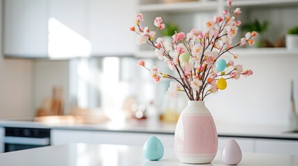 Blossom Easter tree with eggs and flowers in vase at modern kitchen at home interior