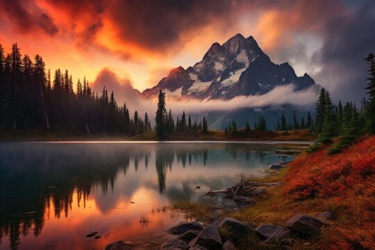 Beautiful Painting of Mountain and Lake Landscape, View from Picture Lake of Mount Shuksan while the sunrise breaks through an incoming storm during the fall season, AI Generated