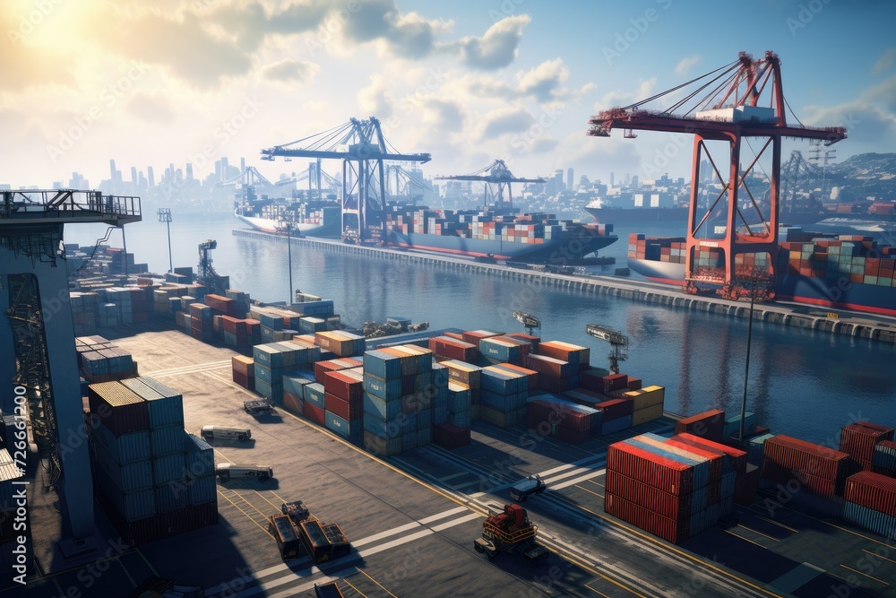 Poster a large body of water filled with numerous floating containers, view of the port showing rows of car