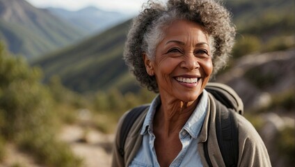 Close-up of an elderly black woman smiling outdoors, with a blurred natural background highlighting her joyous expression and silver curly hair.