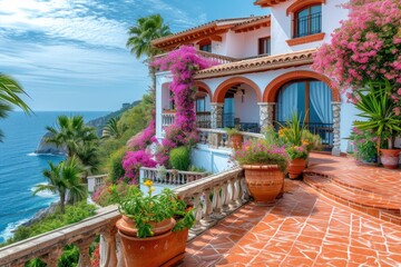 Fototapeta na wymiar Lovely Spanish property on a bright day by the sea. Generative Ai.